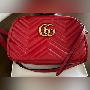 EUC Gucci GG Red and Gold Marmont Matelasse Soft Leather Mini Shoulder Bag